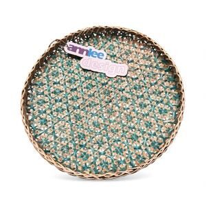 Ann Lee Designs handwoven bamboo decorative basket tray Teal Star 14”x14x1”